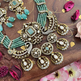 Royal Multilayer Victorian Diamond Pendant Choker-Aqua Green Beads-VV1586